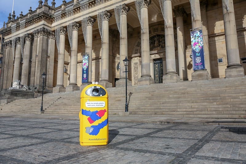 Photo of Gordon Binnit – our friendly burping recycling bin – outside Leeds Town Hall